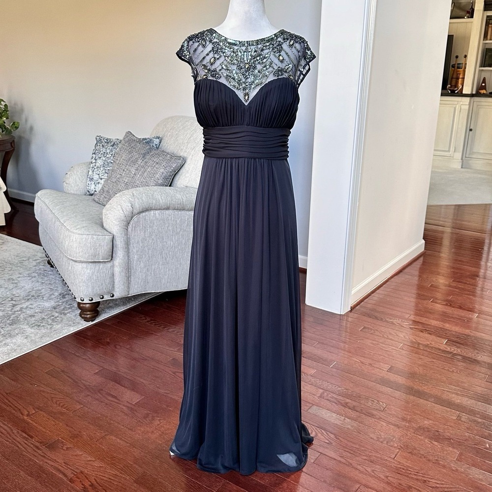 Vintage 2000s XSCAPE Navy Blue Embellished Beaded Gown Elegant Feminine Dress